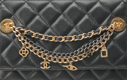 CHANEL Lambskin Matelasse Chain Wallet with Charm Black Gold-Tone Hardware, Pre-Owned