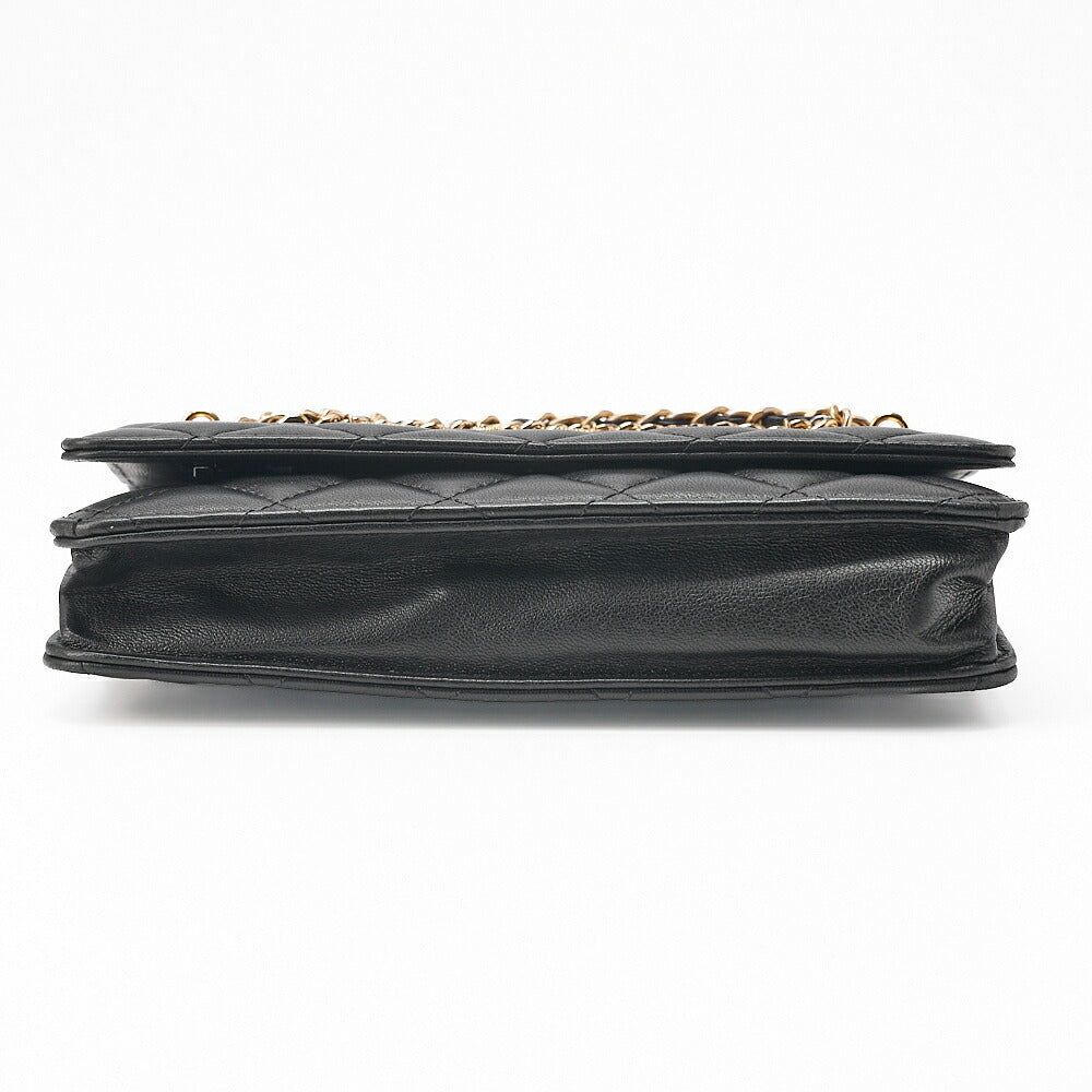 CHANEL Lambskin Matelasse Chain Wallet with Charm Black Gold-Tone Hardware, Pre-Owned