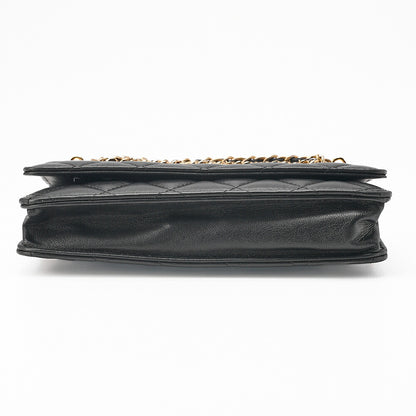 CHANEL Lambskin Matelasse Chain Wallet with Charm Black Gold-Tone Hardware, Pre-Owned