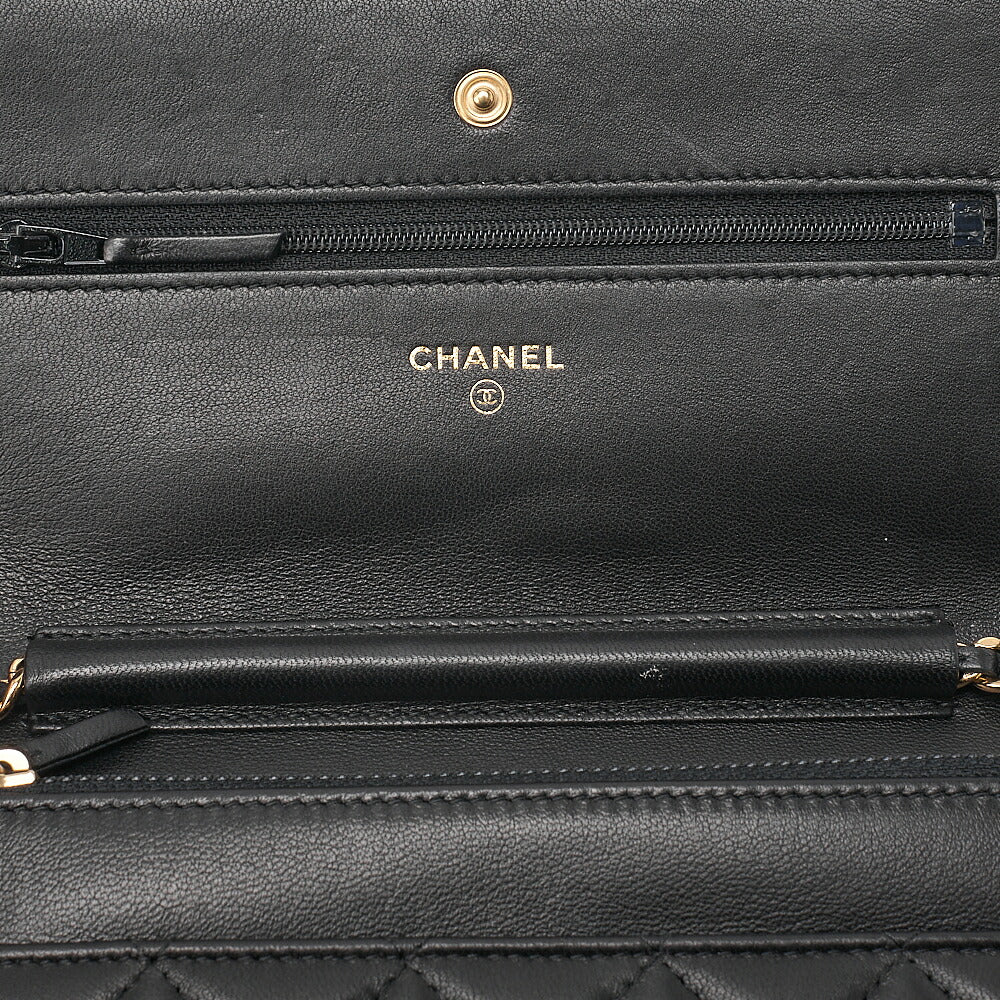 CHANEL Lambskin Matelasse Chain Wallet with Charm Black Gold-Tone Hardware, Pre-Owned