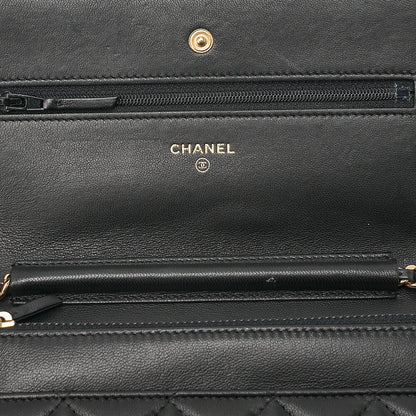 CHANEL Lambskin Matelasse Chain Wallet with Charm Black Gold-Tone Hardware, Pre-Owned