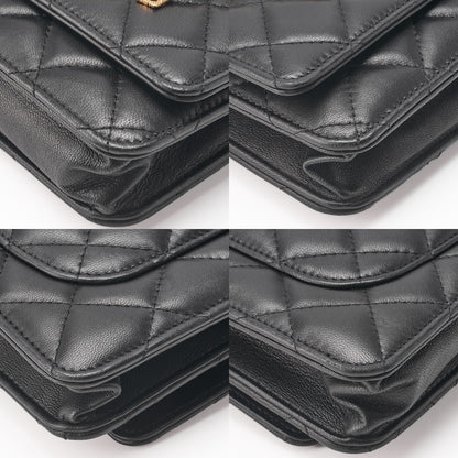 CHANEL Lambskin Matelasse Chain Wallet with Charm Black Gold-Tone Hardware, Pre-Owned