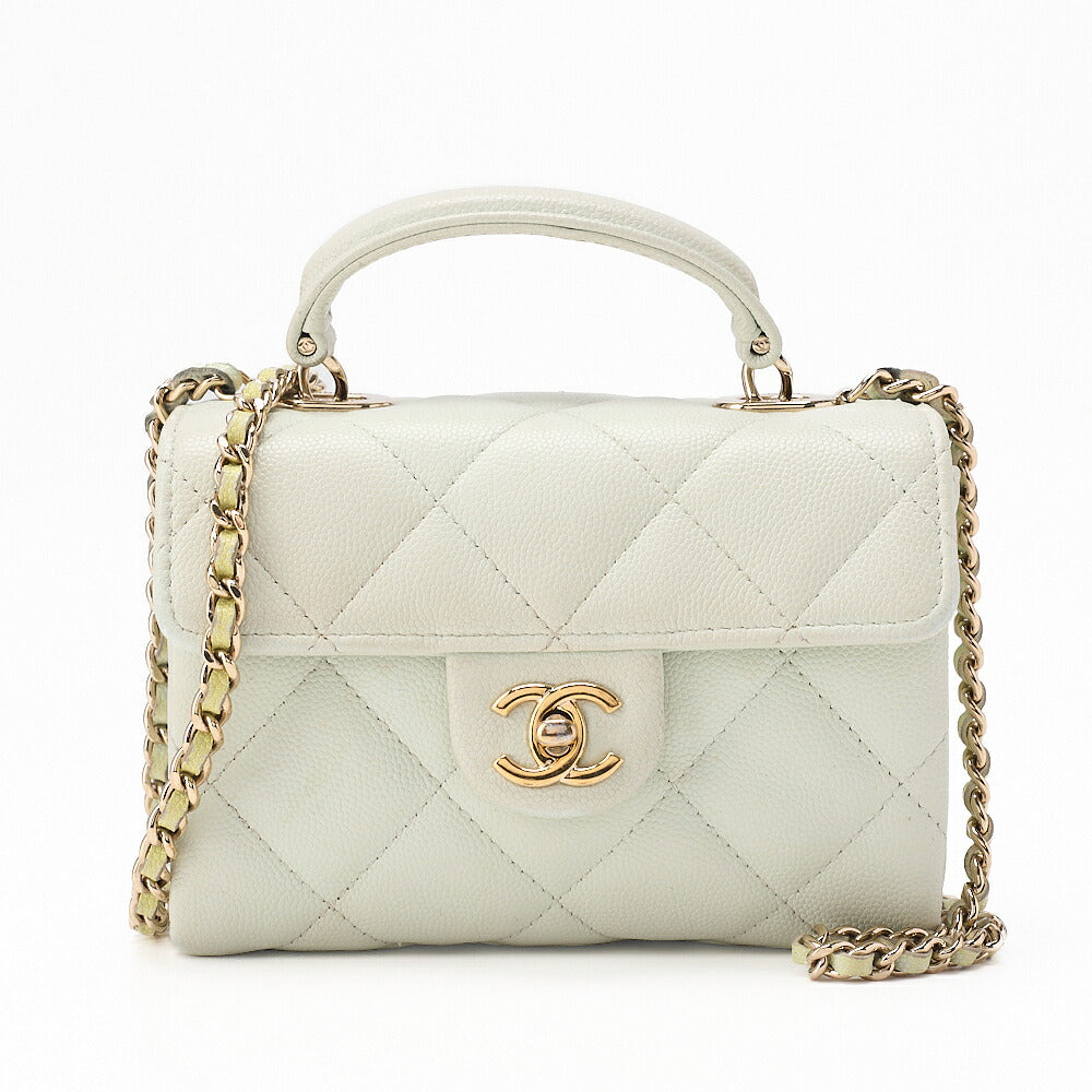 CHANEL Caviar Skin Matelasse 2WAY Handbag Chain Shoulder Light Green Gold-Tone Hardware, Pre-Owned
