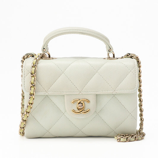 CHANEL Caviar Skin Matelasse 2WAY Handbag Chain Shoulder Light Green Gold-Tone Hardware, Pre-Owned