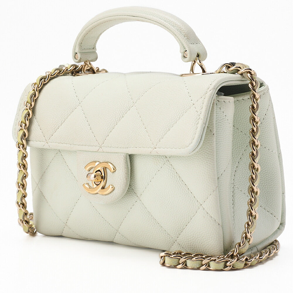 CHANEL Caviar Skin Matelasse 2WAY Handbag Chain Shoulder Light Green Gold-Tone Hardware, Pre-Owned