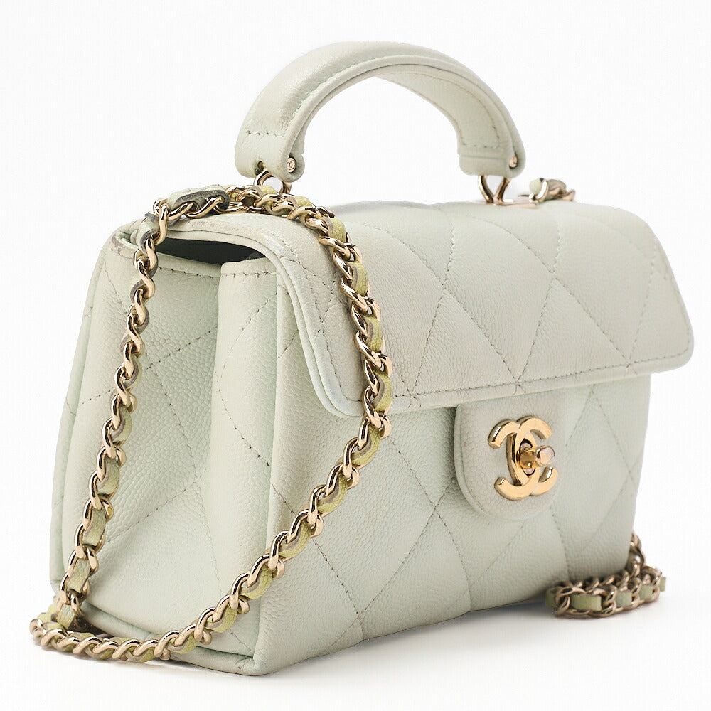 CHANEL Caviar Skin Matelasse 2WAY Handbag Chain Shoulder Light Green Gold-Tone Hardware, Pre-Owned