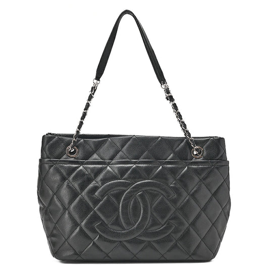 CHANEL Chanel Caviar Skin Matelasse Large Coco Mark Chain Tote Black Silver-Tone Hardware, Pre-Owned