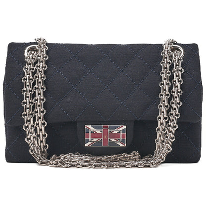 CHANEL Cotton Union Jacklock Double Flap Chain Shoulder Navy Silver-Tone Hardware, Pre-Owned