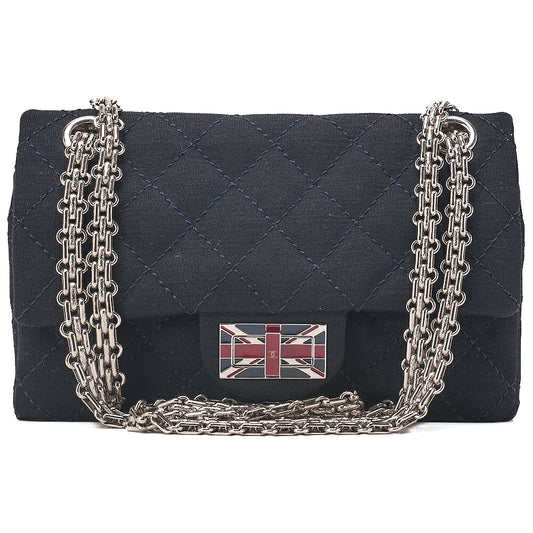 CHANEL Cotton Union Jacklock Double Flap Chain Shoulder Navy Silver-Tone Hardware, Pre-Owned