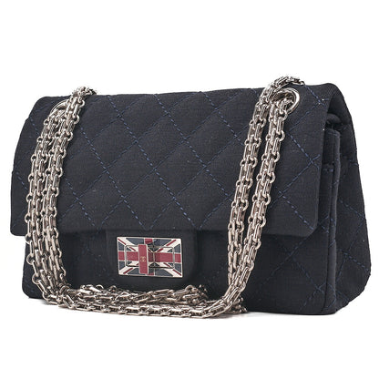 CHANEL Cotton Union Jacklock Double Flap Chain Shoulder Navy Silver-Tone Hardware, Pre-Owned
