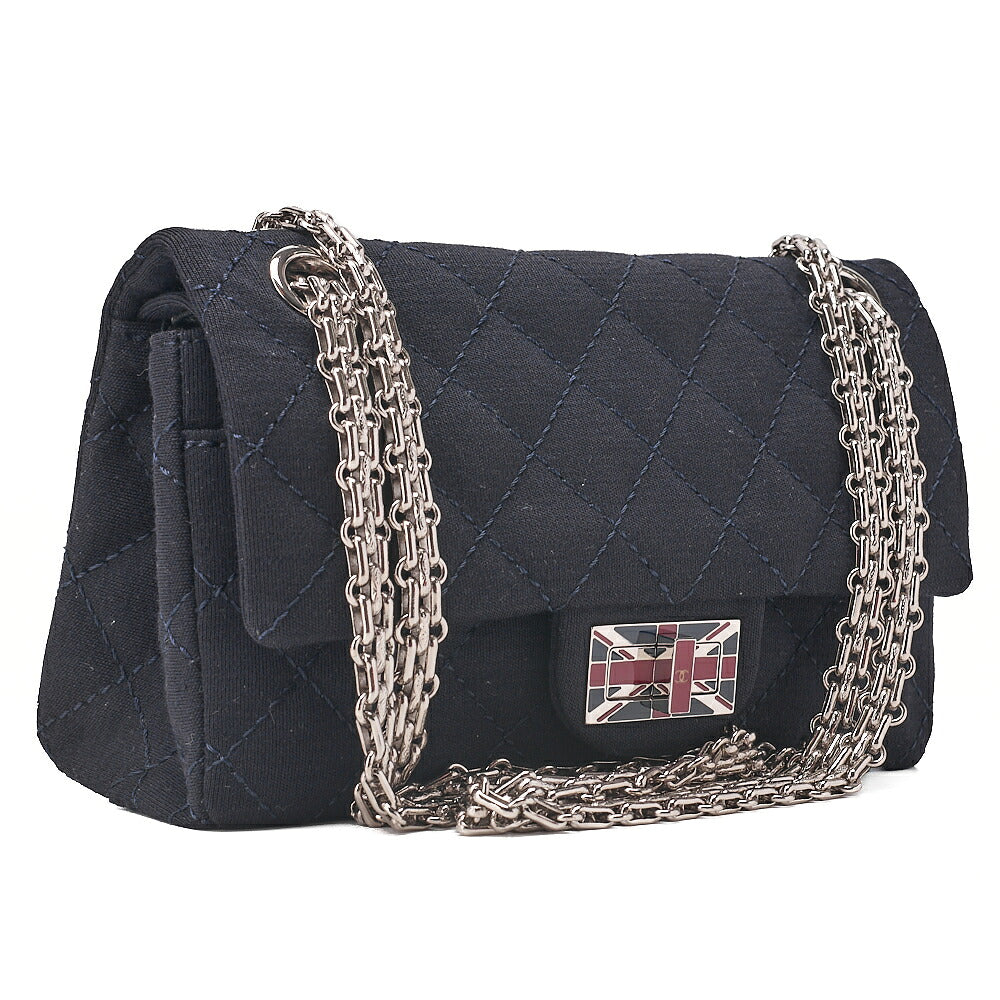 CHANEL Cotton Union Jacklock Double Flap Chain Shoulder Navy Silver-Tone Hardware, Pre-Owned