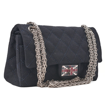 CHANEL Cotton Union Jacklock Double Flap Chain Shoulder Navy Silver-Tone Hardware, Pre-Owned