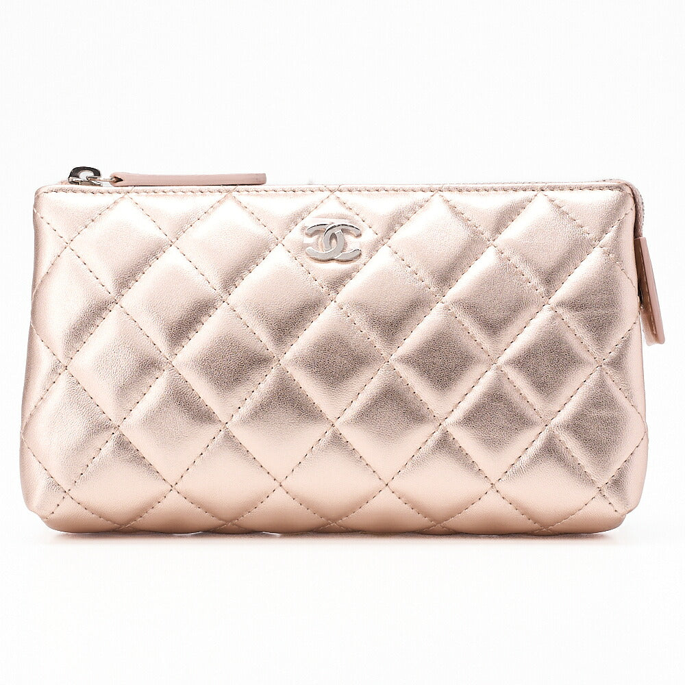 CHANEL Lambskin Matelasse Pouch Pink Gold Silver-Tone Hardware, Pre-Owned
