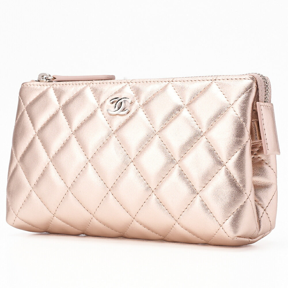 CHANEL Lambskin Matelasse Pouch Pink Gold Silver-Tone Hardware, Pre-Owned