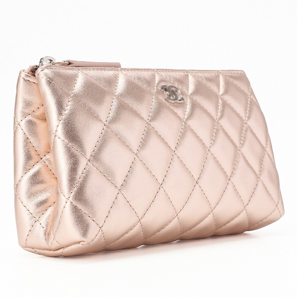 CHANEL Lambskin Matelasse Pouch Pink Gold Silver-Tone Hardware, Pre-Owned