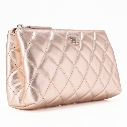 CHANEL Lambskin Matelasse Pouch Pink Gold Silver-Tone Hardware, Pre-Owned
