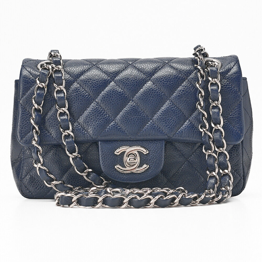 CHANEL Caviar Skin Mini Matelasse Chain Shoulder Navy Silver-Tone Hardware, Pre-Owned