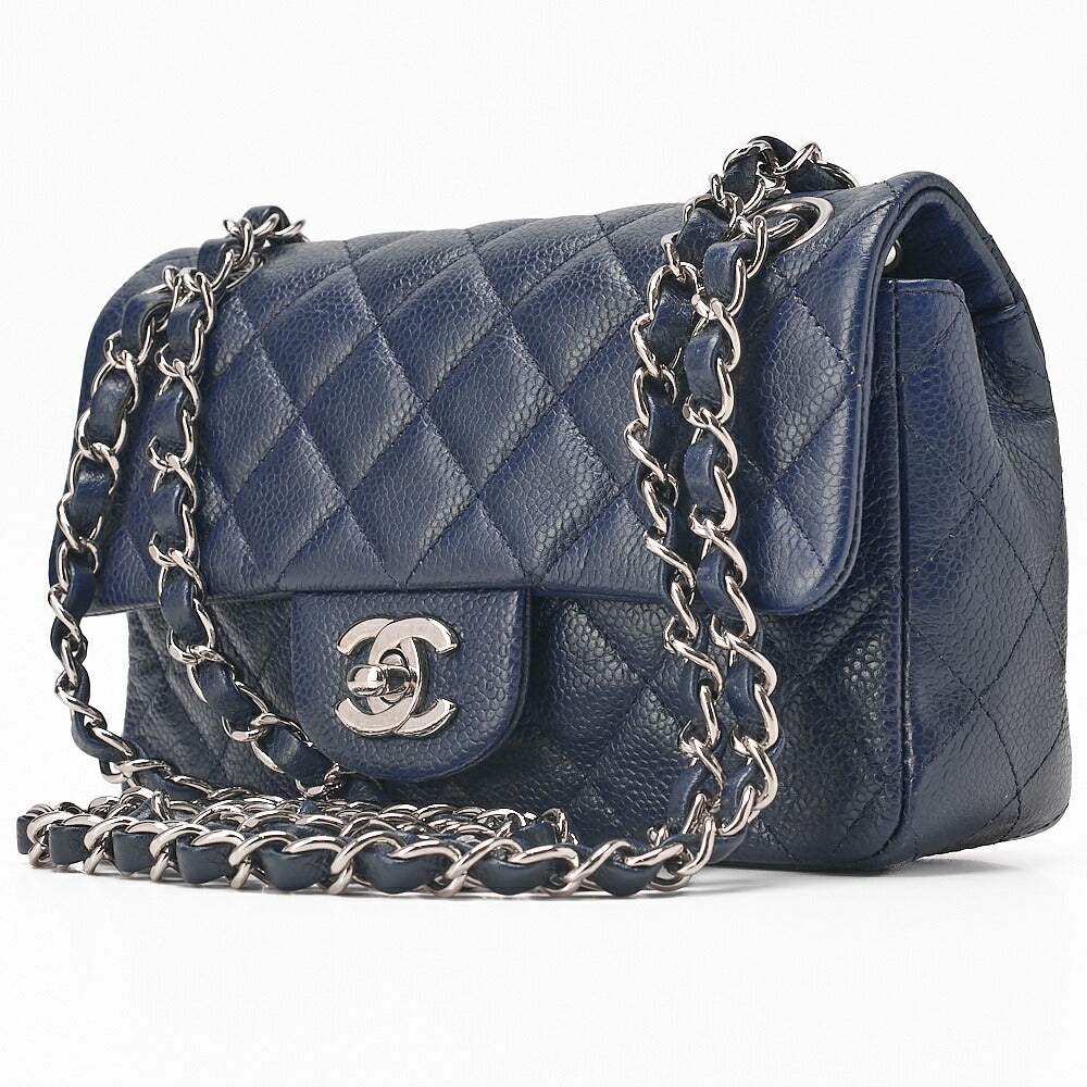 CHANEL Caviar Skin Mini Matelasse Chain Shoulder Navy Silver-Tone Hardware, Pre-Owned