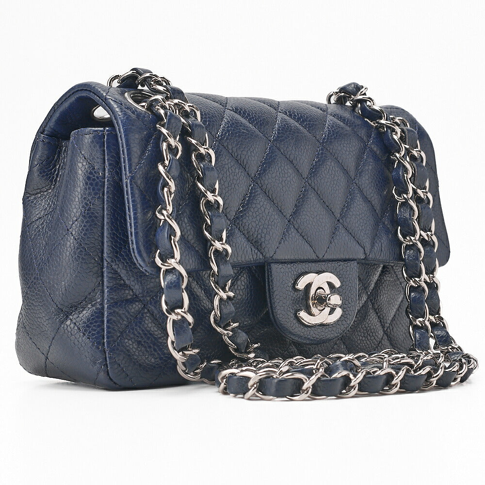 CHANEL Caviar Skin Mini Matelasse Chain Shoulder Navy Silver-Tone Hardware, Pre-Owned