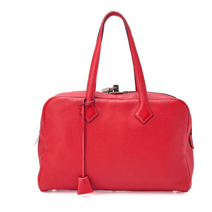 HERMES Victoria 35 Taurillon Shoulder Bag Rouge Silver -Tone Hardware, Pre-Owned