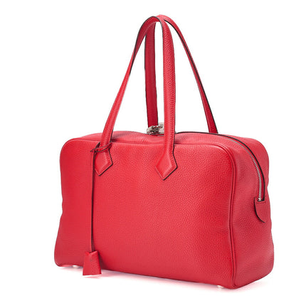 HERMES Victoria 35 Taurillon Shoulder Bag Rouge Silver -Tone Hardware, Pre-Owned