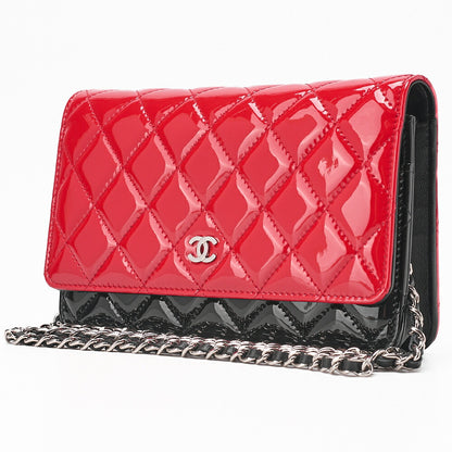 CHANEL Patent Matelasse Chain Wallet Red x Black Silver-Tone Hardware, Pre-Owned