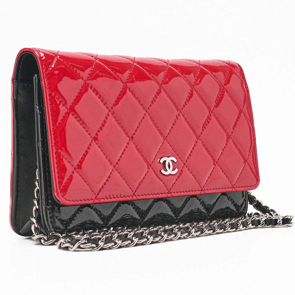 CHANEL Patent Matelasse Chain Wallet Red x Black Silver-Tone Hardware, Pre-Owned