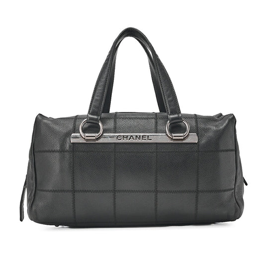 CHANEL Caviar Skin Choco Bar Logo Handbag Black Silver-Tone Hardware, Pre-Owned