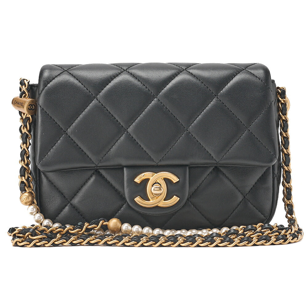 CHANEL Lambskin Mini Underpass Single Pearl Chain Shoulder Black Gold-Tone Hardware, Pre-Owned