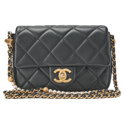 CHANEL Lambskin Mini Underpass Single Pearl Chain Shoulder Black Gold-Tone Hardware, Pre-Owned