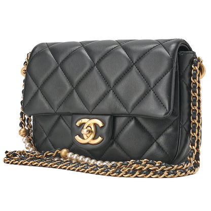 CHANEL Lambskin Mini Underpass Single Pearl Chain Shoulder Black Gold-Tone Hardware, Pre-Owned