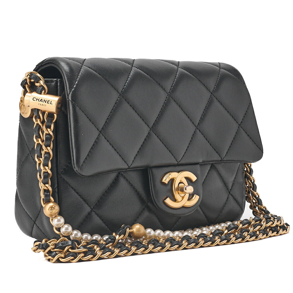 CHANEL Lambskin Mini Underpass Single Pearl Chain Shoulder Black Gold-Tone Hardware, Pre-Owned