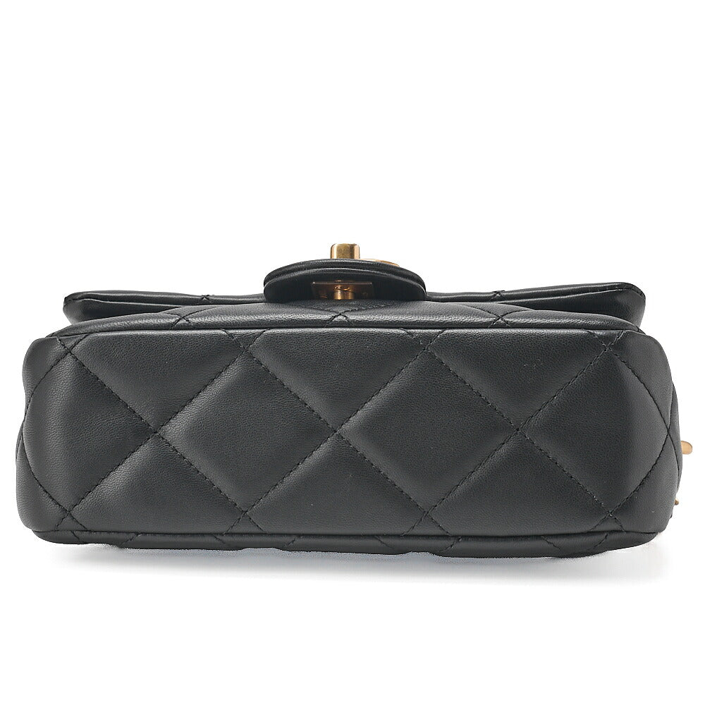 CHANEL Lambskin Mini Underpass Single Pearl Chain Shoulder Black Gold-Tone Hardware, Pre-Owned