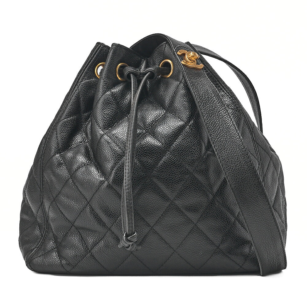 CHANEL Caviar Skin Matelasse Drawstring Tote Bag Shoulder Bag Black Gold-Tone Hardware, Pre-Owned