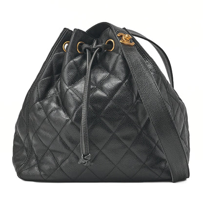 CHANEL Caviar Skin Matelasse Drawstring Tote Bag Shoulder Bag Black Gold-Tone Hardware, Pre-Owned