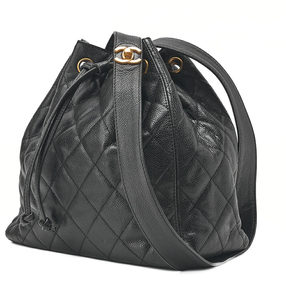 CHANEL Caviar Skin Matelasse Drawstring Tote Bag Shoulder Bag Black Gold-Tone Hardware, Pre-Owned