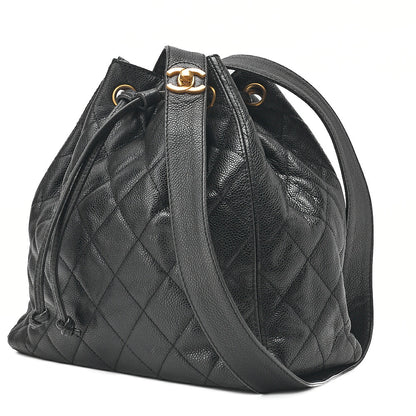 CHANEL Caviar Skin Matelasse Drawstring Tote Bag Shoulder Bag Black Gold-Tone Hardware, Pre-Owned