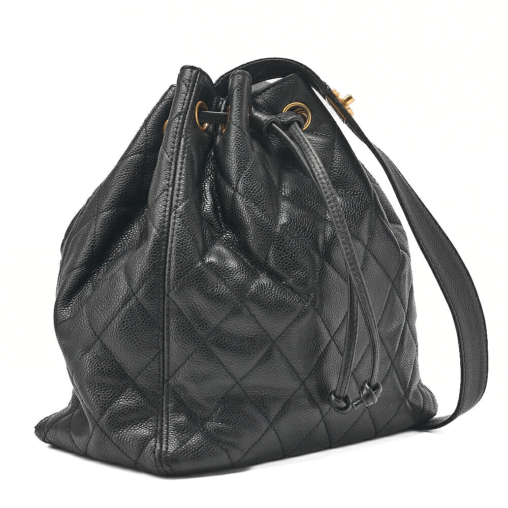 CHANEL Caviar Skin Matelasse Drawstring Tote Bag Shoulder Bag Black Gold-Tone Hardware, Pre-Owned