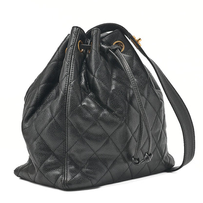 CHANEL Caviar Skin Matelasse Drawstring Tote Bag Shoulder Bag Black Gold-Tone Hardware, Pre-Owned