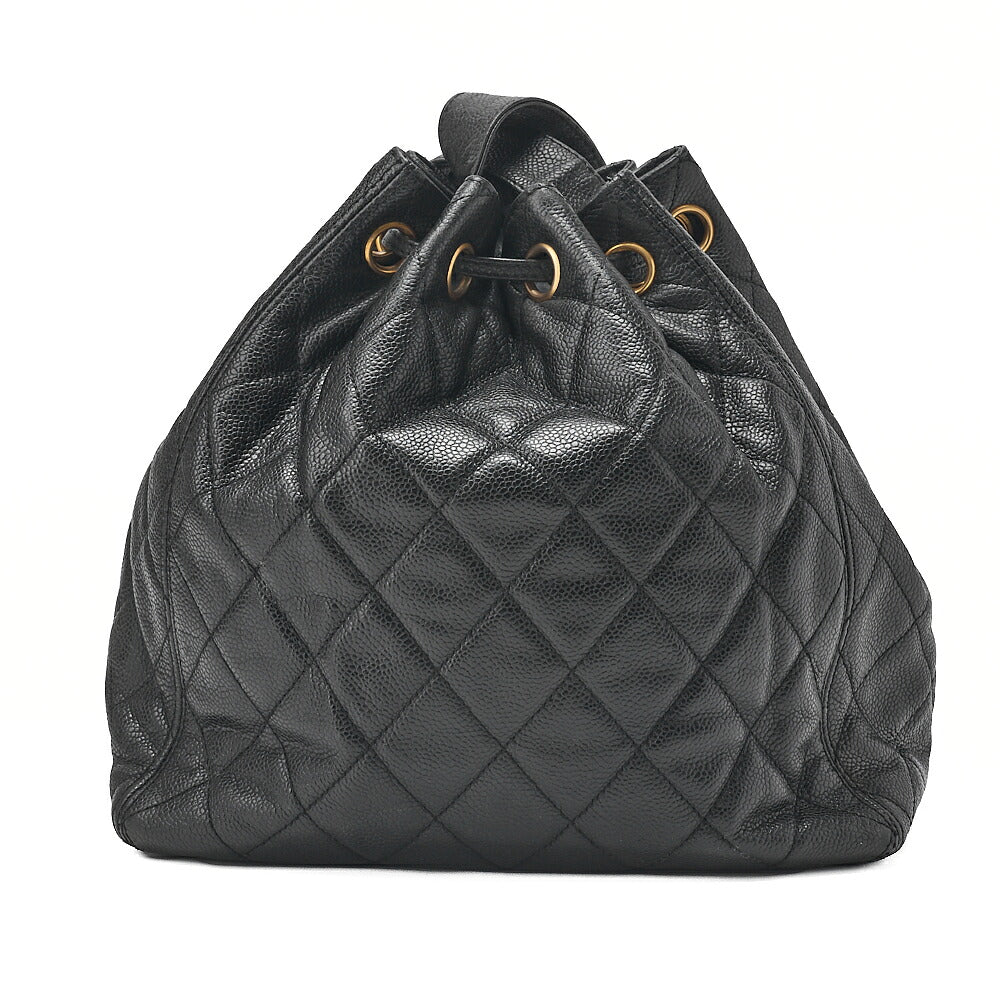 CHANEL Caviar Skin Matelasse Drawstring Tote Bag Shoulder Bag Black Gold-Tone Hardware, Pre-Owned
