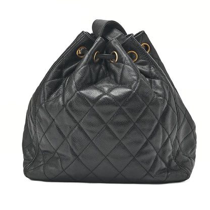 CHANEL Caviar Skin Matelasse Drawstring Tote Bag Shoulder Bag Black Gold-Tone Hardware, Pre-Owned