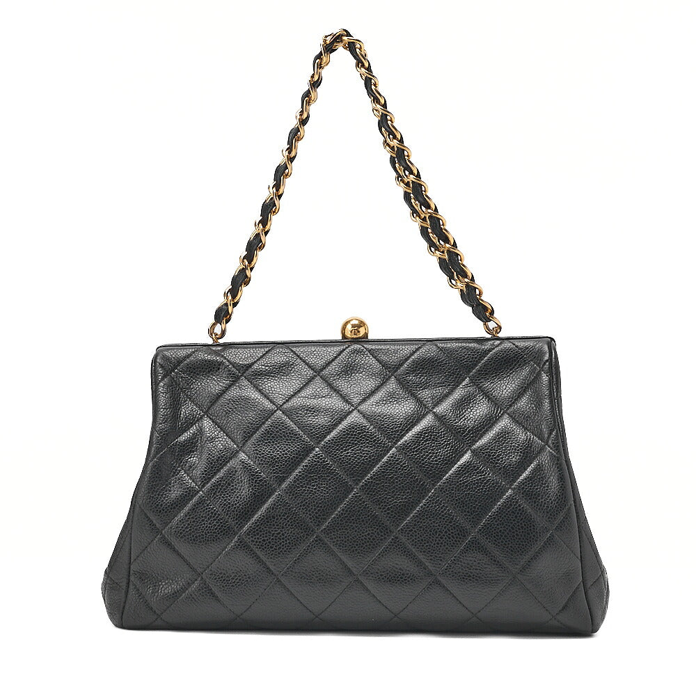 CHANEL Caviar Skin Matelasse Coco Mark Kiss Clasp Chain Handbag Black Gold-Tone Hardware, Pre-Owned