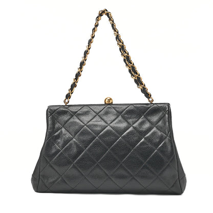 CHANEL Caviar Skin Matelasse Coco Mark Kiss Clasp Chain Handbag Black Gold-Tone Hardware, Pre-Owned