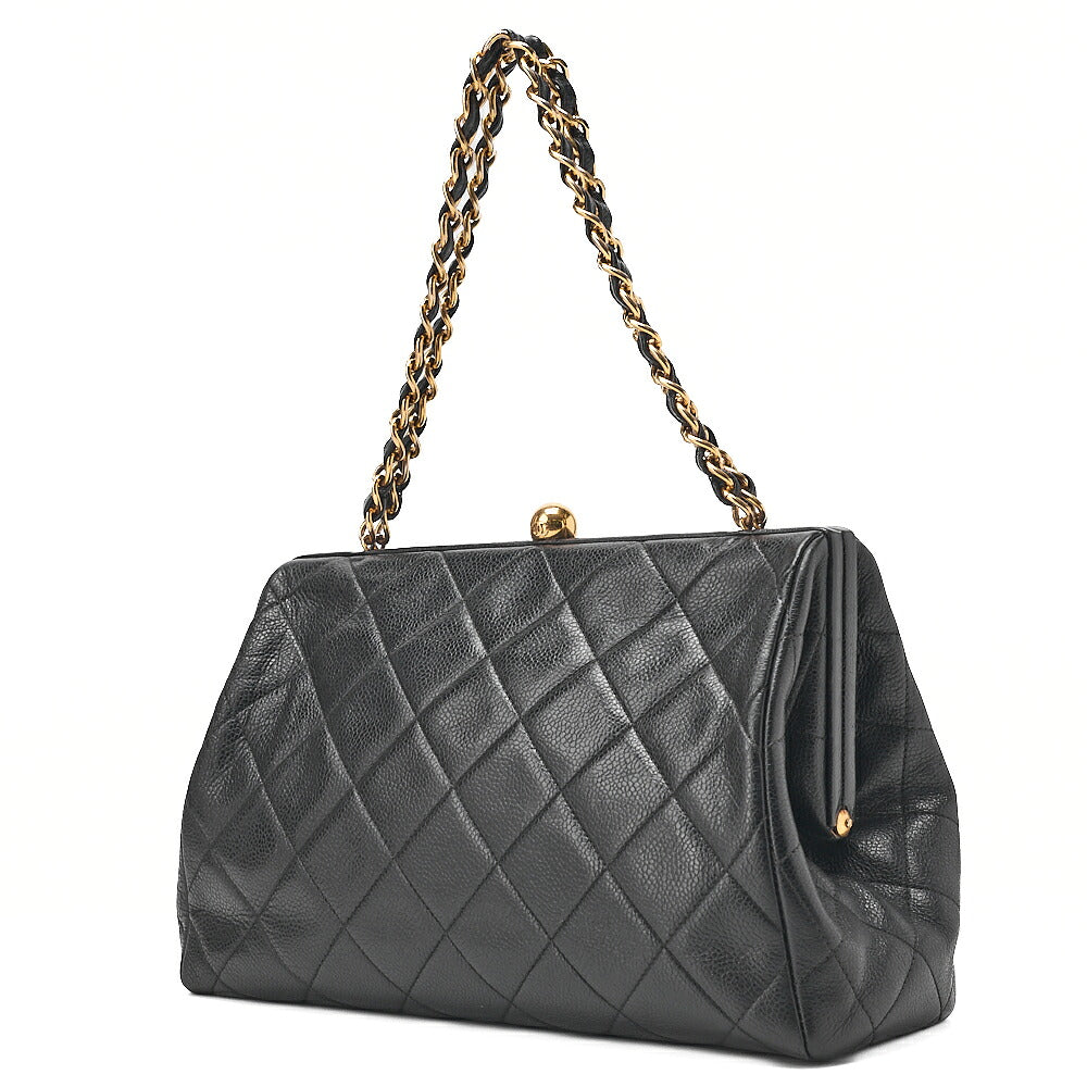 CHANEL Caviar Skin Matelasse Coco Mark Kiss Clasp Chain Handbag Black Gold-Tone Hardware, Pre-Owned