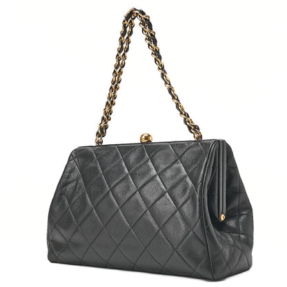 CHANEL Caviar Skin Matelasse Coco Mark Kiss Clasp Chain Handbag Black Gold-Tone Hardware, Pre-Owned