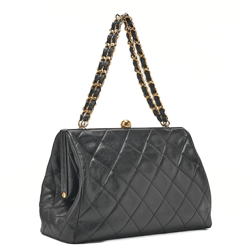 CHANEL Caviar Skin Matelasse Coco Mark Kiss Clasp Chain Handbag Black Gold-Tone Hardware, Pre-Owned