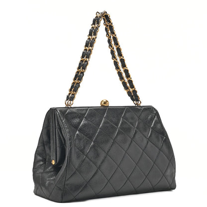 CHANEL Caviar Skin Matelasse Coco Mark Kiss Clasp Chain Handbag Black Gold-Tone Hardware, Pre-Owned