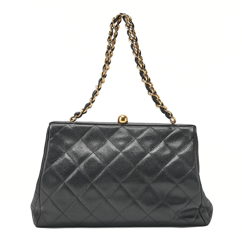 CHANEL Caviar Skin Matelasse Coco Mark Kiss Clasp Chain Handbag Black Gold-Tone Hardware, Pre-Owned