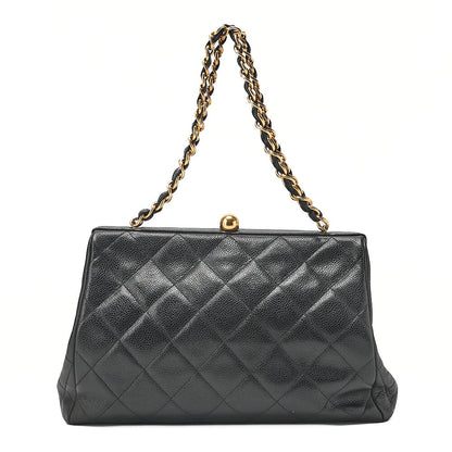 CHANEL Caviar Skin Matelasse Coco Mark Kiss Clasp Chain Handbag Black Gold-Tone Hardware, Pre-Owned
