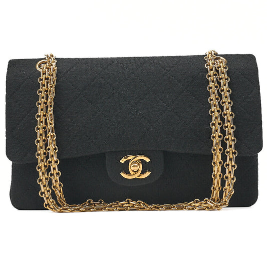 CHANEL Cotton Matelasse Double Flap 2.55 Chain Shoulder Black Gold-Tone Hardware, Pre-Owned